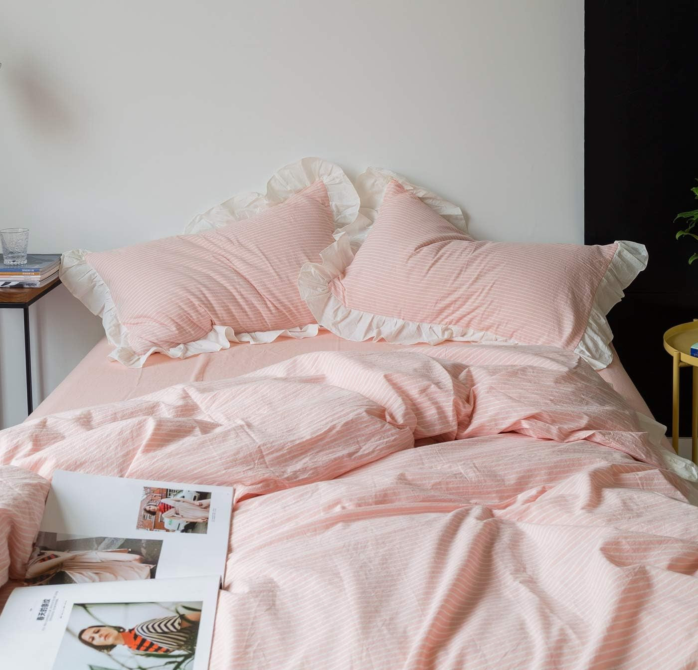 Pink White Lace Duvet Cover King 100% Washed Cotton 3 Pcs Set 1 Vintage Farmhouse Ruffle Duvet Cover with Zipper Ties 2 Pillow Shams Romantic Princess Ruffled Striped Bedding Set Soft