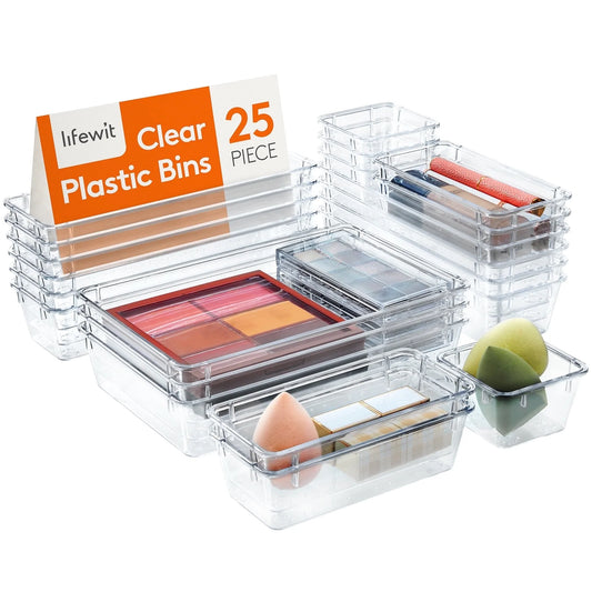 25 PCS Clear Plastic Drawer Organizer Set, 4-Size Desk Drawer Divider for Pencils, Makeup, Jewelry, Gadgets in Office, Kitchen, Bedroom, Bathroom
