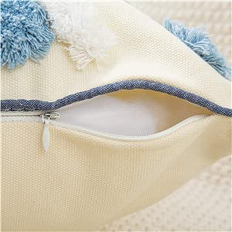 Tufted Lumbar Pillow Cover 12X20 Pillow Cover Tassels Textured Boho Pillows Decorative Throw Pillows Covers Bohemian Tribal Pillow Cases for Couch Bedroom Bed (White Cream Light Blue) -