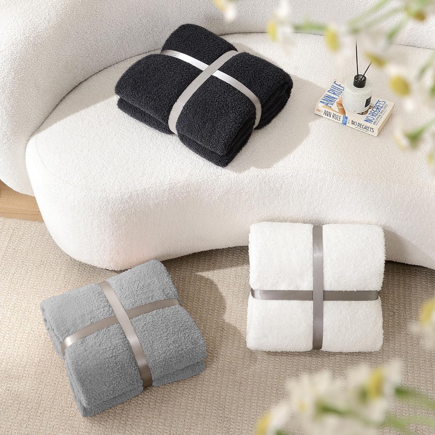 Grey Knit Throw Blanket Knitted Boucle Blankets Decorative Soft Fuzzy Throw Bed Blanket for Women Couch 50X60 Inches Grey