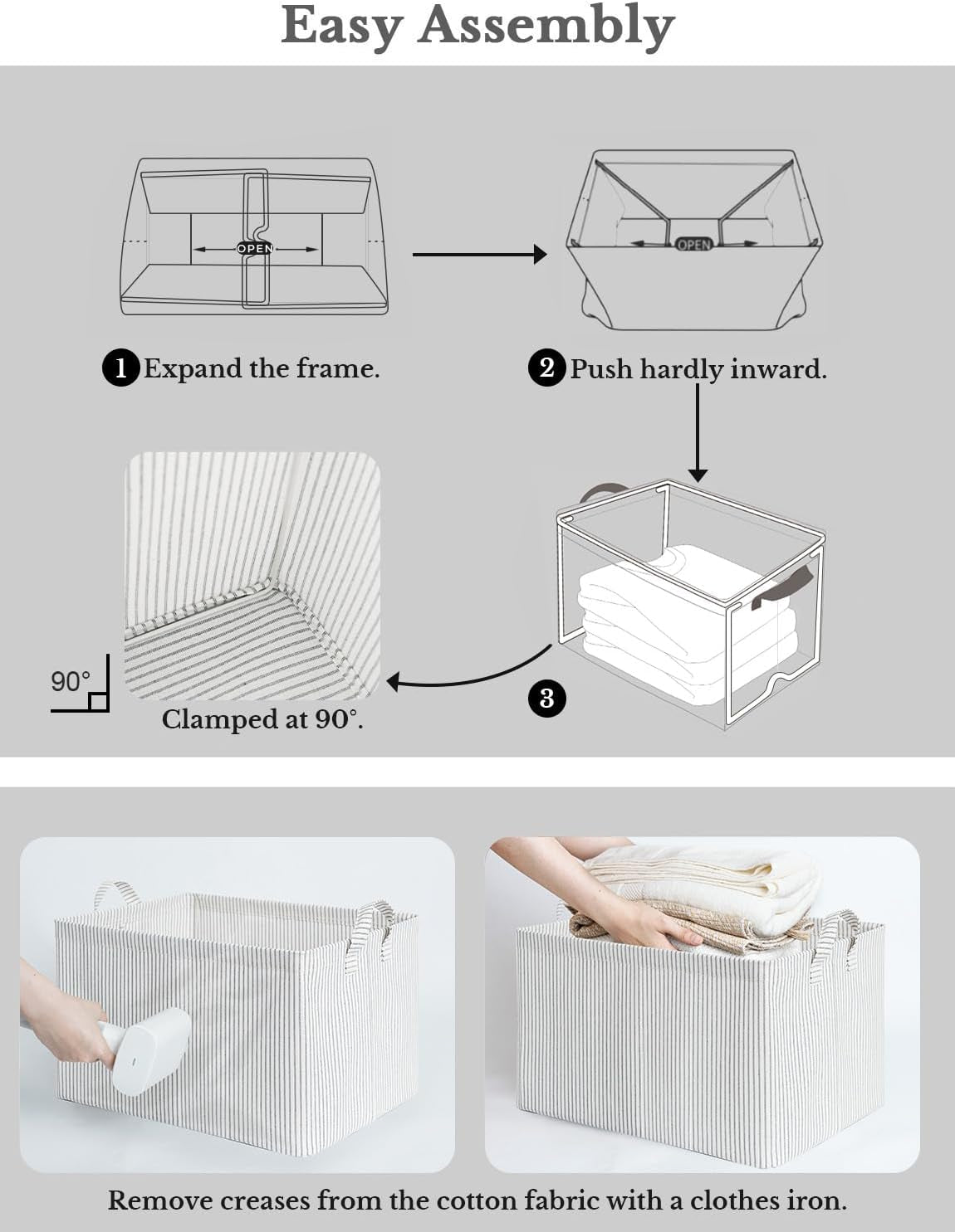 Storage Bins, Shelves Baskets for Organizing, Fabric Closet Organizers with Handles, Metal Frame, Gray and White Stripes, 2-Pack
