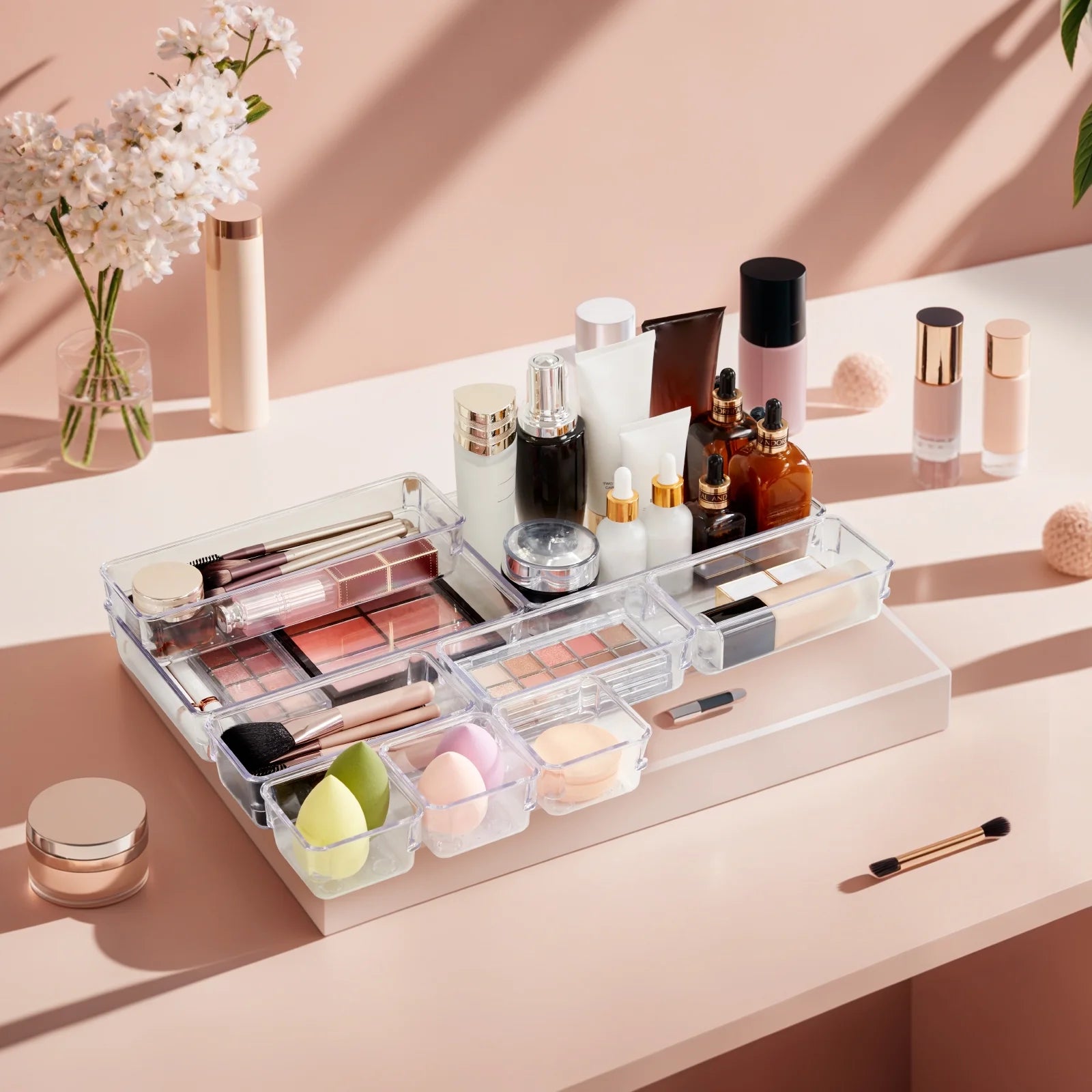25 PCS Clear Plastic Drawer Organizer Set, 4-Size Desk Drawer Divider for Pencils, Makeup, Jewelry, Gadgets in Office, Kitchen, Bedroom, Bathroom