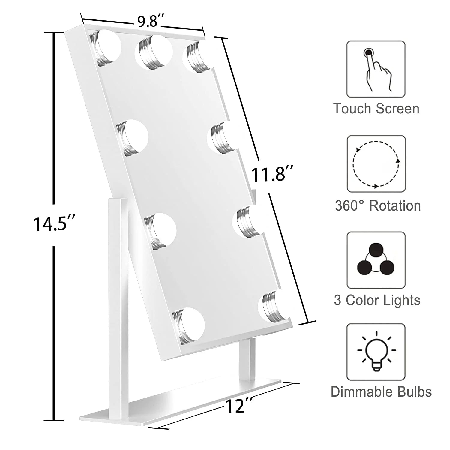 12''X14'' Vanity Makeup Mirror with Lights 360° Swivel Tabletop Metal White