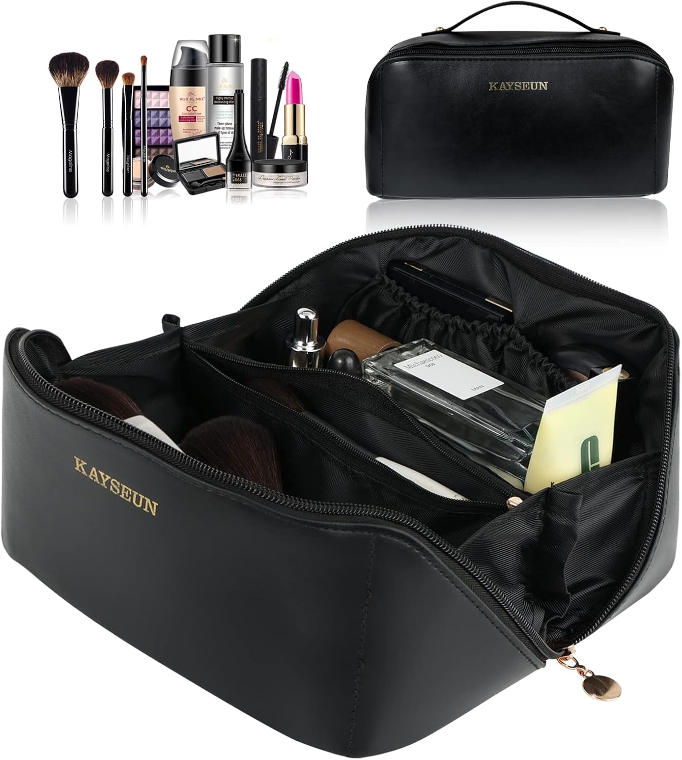 Upgrade Travel Makeup Bag,Large Capacity Cosmetic Bags for Women,Waterproof Portable Pouch Open Flat Toiletry Bag Make up Organizer with Divider and Handle -Black