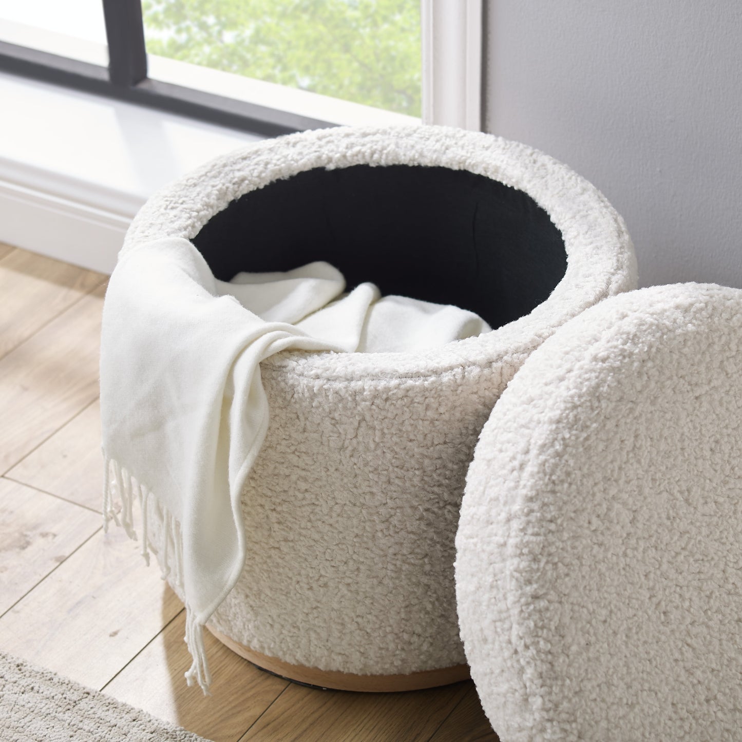 Primrose Faux Sherpa Storage Ottoman, Natural