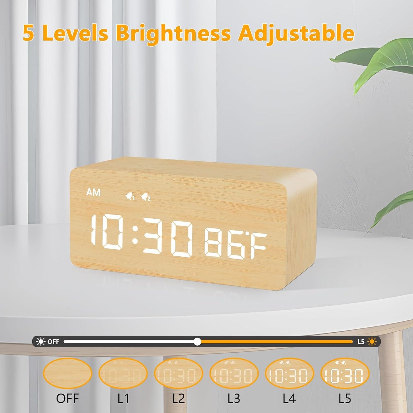 Digital Wooden Alarm Clock with Wireless Charging, 0-100% Dimmer, Dual Alarm, Weekday/Weekend Mode, Snooze, Wood LED Clocks for Bedroom, Bedside, Desk, Kids (Bamboo)