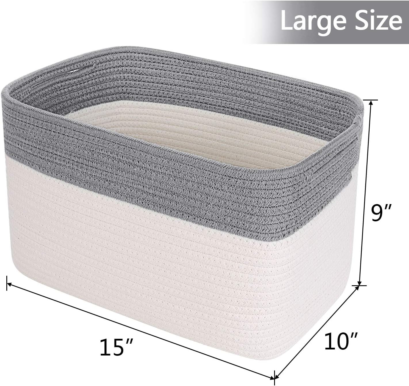 3PCS Woven Cotton Rope Storage Baskets with Handles Large Washable Basket Set Decorative Storage Bins Boxes Blanket Clothes Towel Laundry Organizer Containers - White/Gray