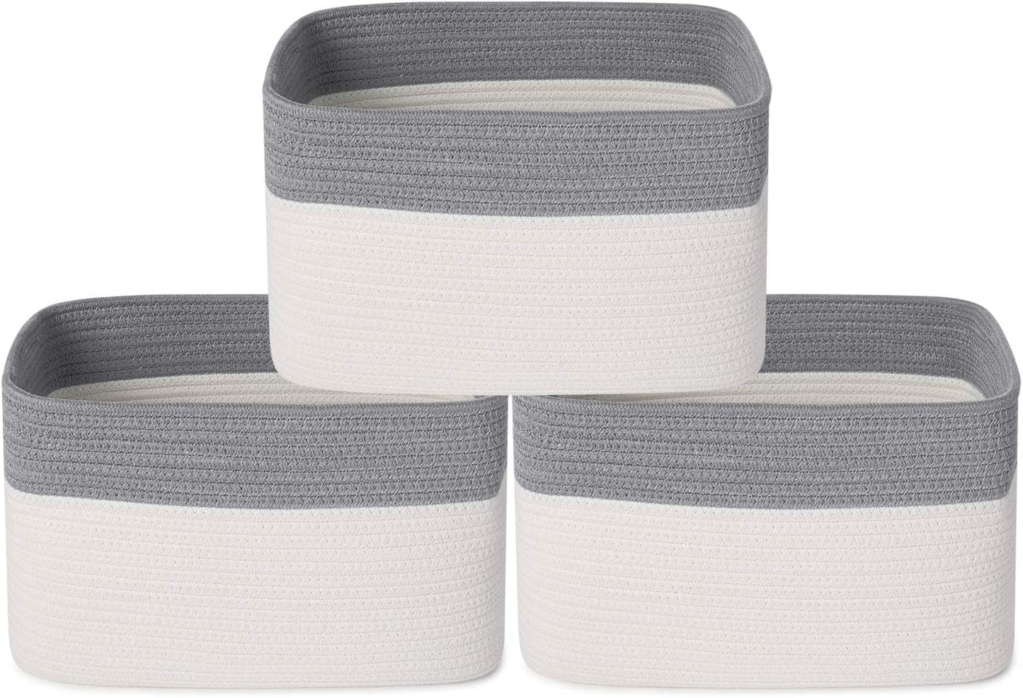 3PCS Woven Cotton Rope Storage Baskets with Handles Large Washable Basket Set Decorative Storage Bins Boxes Blanket Clothes Towel Laundry Organizer Containers - White/Gray