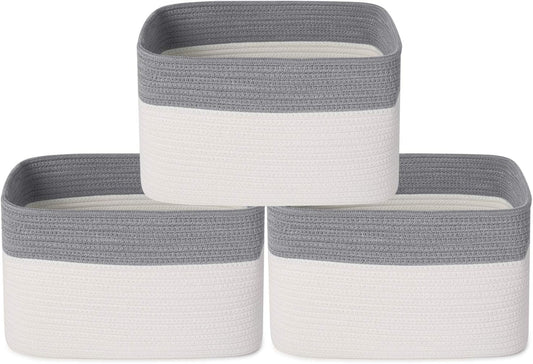 3PCS Woven Cotton Rope Storage Baskets with Handles Large Washable Basket Set Decorative Storage Bins Boxes Blanket Clothes Towel Laundry Organizer Containers - White/Gray
