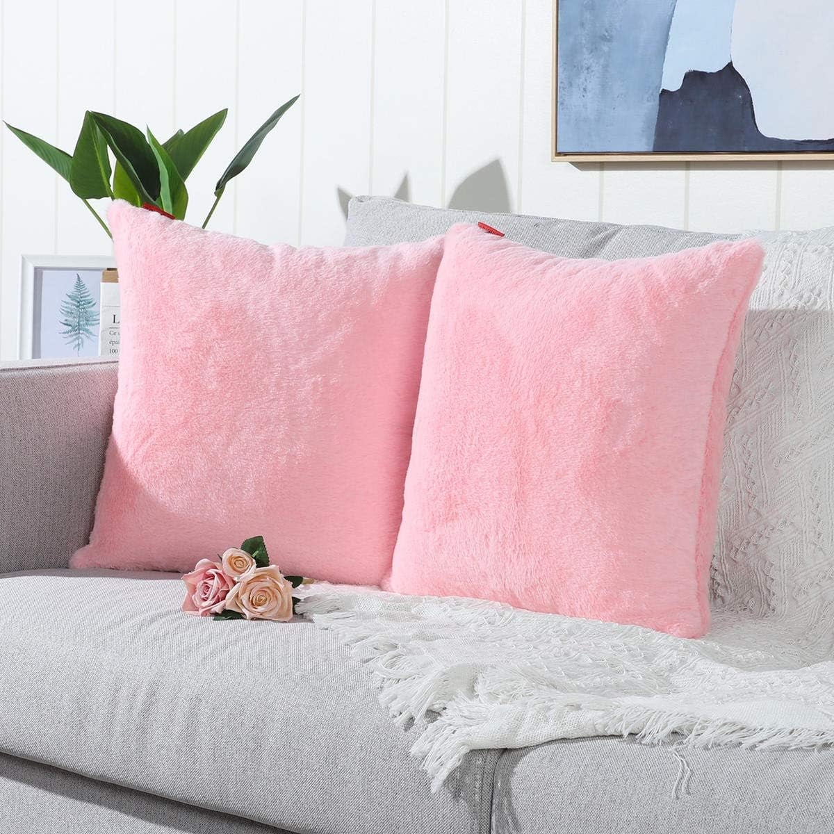 Pack of 2 Pink Faux Fur Fuzzy Cozy Soft Decorative Throw Pillow Covers Set Cushion Cases Pillowcases for Sofa Bedroom Car 20X20 Inches