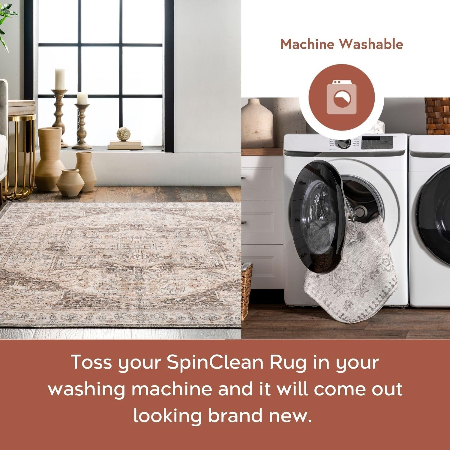 4' X 6' Spinclean Machine Washable Stain-Resistant Area Rug with Non Slip Backing, Low Profile for Living Room, Bedroom, and Dining Room, Brielle Grey/Tan