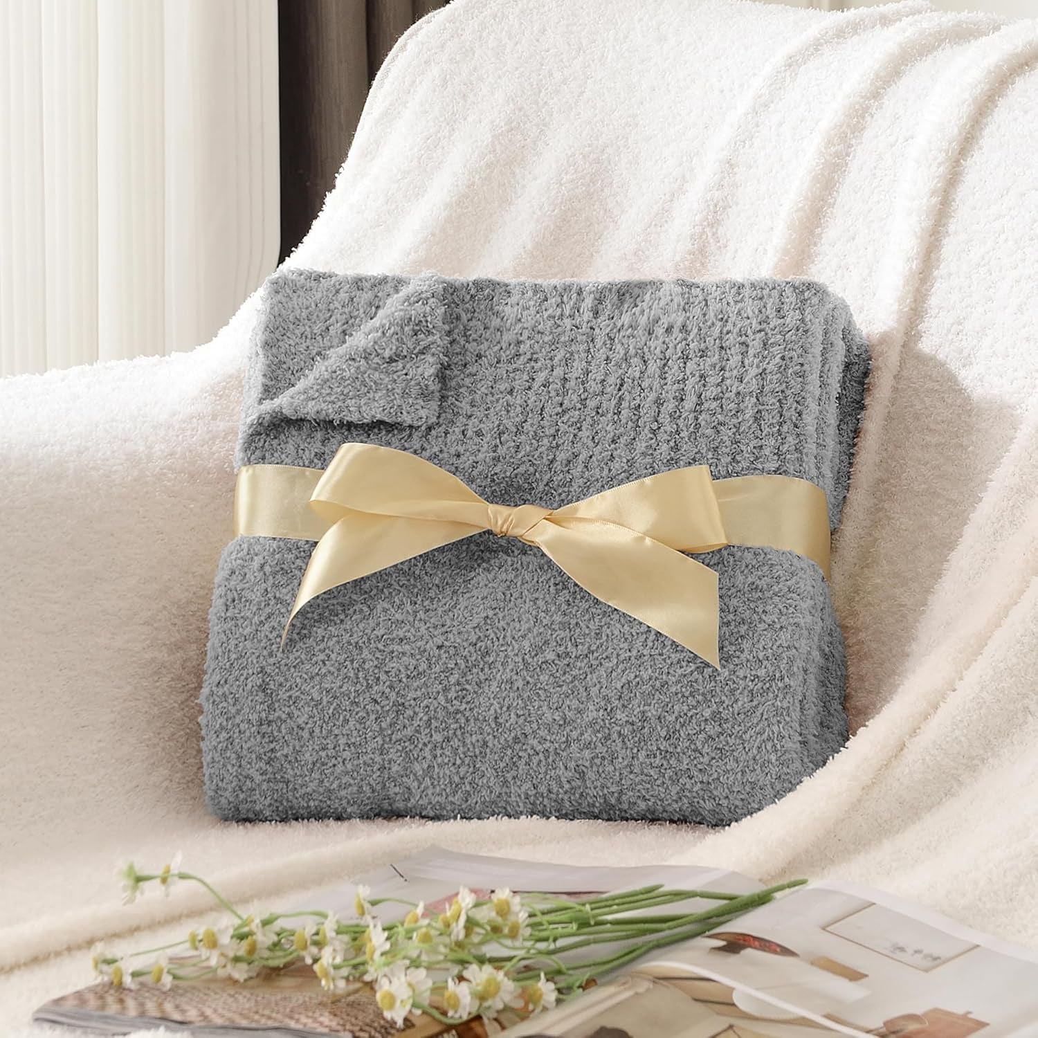 Grey Knit Throw Blanket Knitted Boucle Blankets Decorative Soft Fuzzy Throw Bed Blanket for Women Couch 50X60 Inches Grey