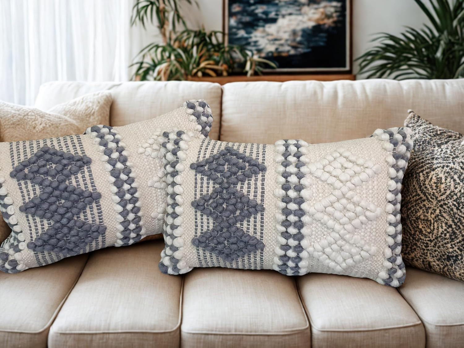 12X20 Inch Boho Throw Pillow Covers Set of 2 – Handmade Decorative Grey Woven Lumbar Cushion Covers for Couch Bed Sofa, Textured Accent Pillowcases for Living Room Decor