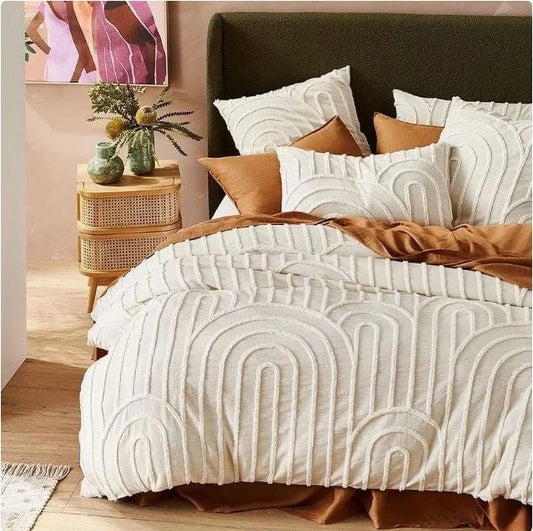 Tufted Cotton Duvet Cover Set, Boho Bedding Comforter Cover 1 Duvet Cover 2 Shams off White Color Zip Closure Queen Size 90" X 90"