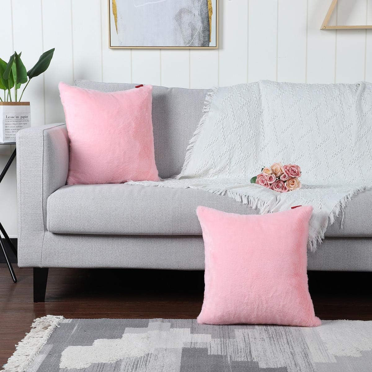 Pack of 2 Pink Faux Fur Fuzzy Cozy Soft Decorative Throw Pillow Covers Set Cushion Cases Pillowcases for Sofa Bedroom Car 20X20 Inches