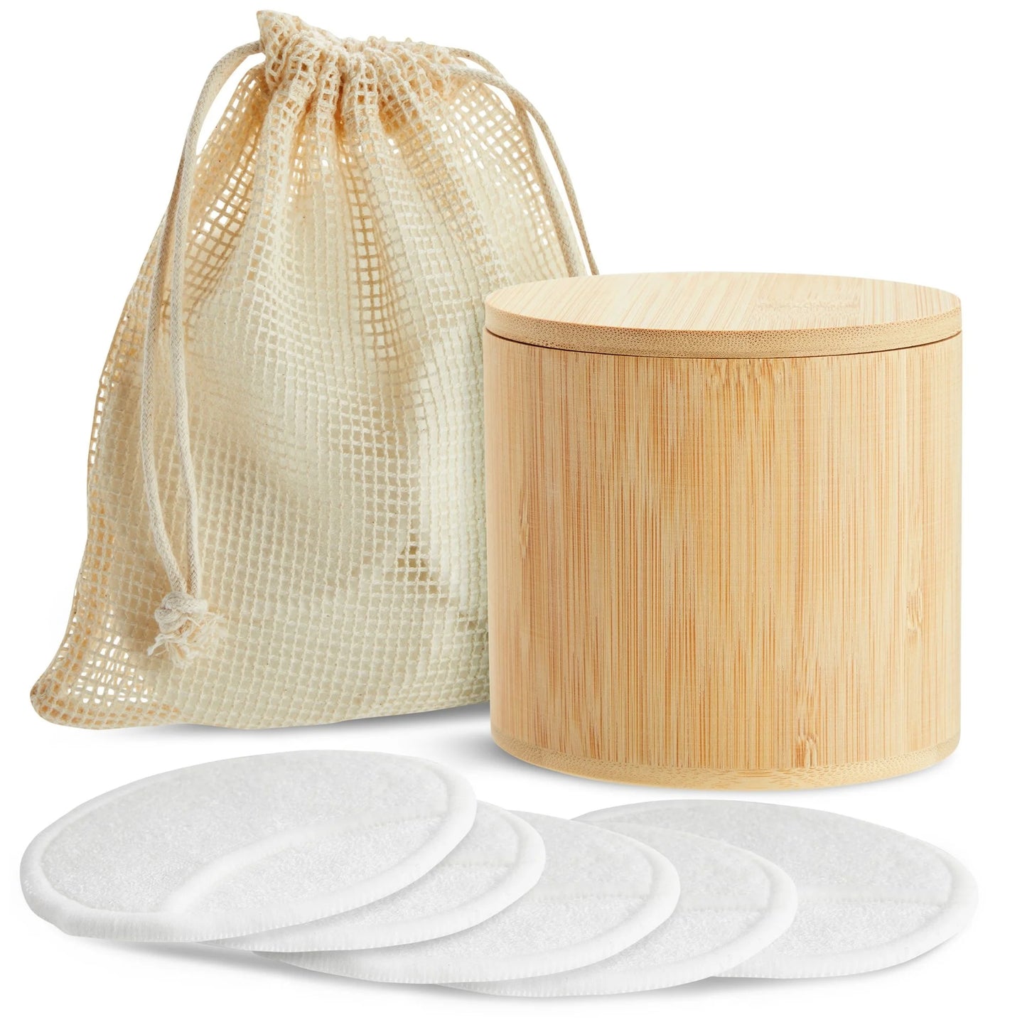 16 Pack Reusable Cotton Pads for Face Makeup Removal with Bamboo Holder and Mesh Storage Bag (White)
