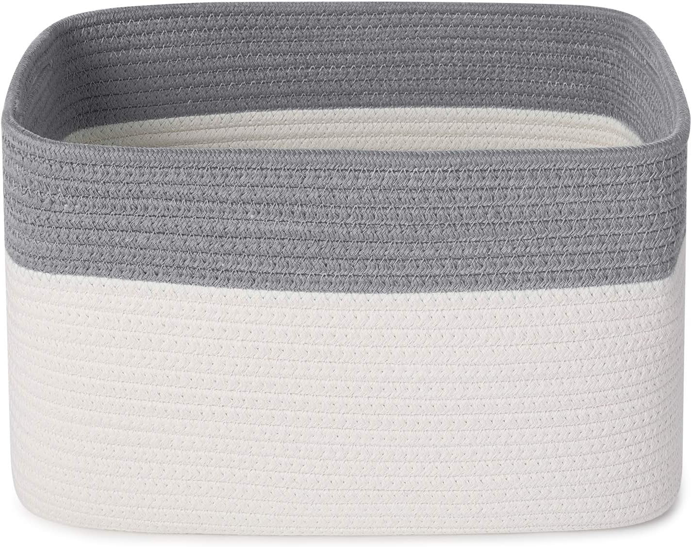 3PCS Woven Cotton Rope Storage Baskets with Handles Large Washable Basket Set Decorative Storage Bins Boxes Blanket Clothes Towel Laundry Organizer Containers - White/Gray