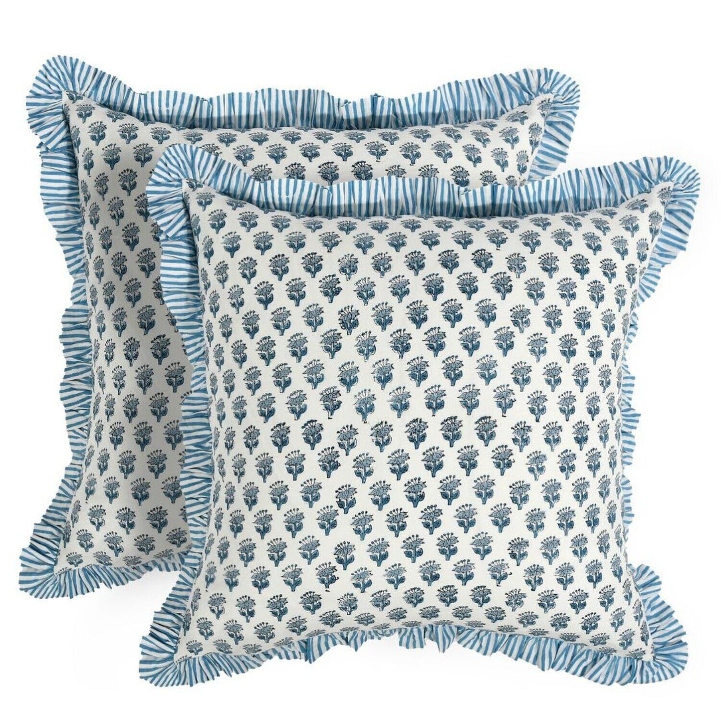 CPC Apatite Blue Ruffle Throw Pillow Covers for Couch, 20X20 Inch Cotton Stri...