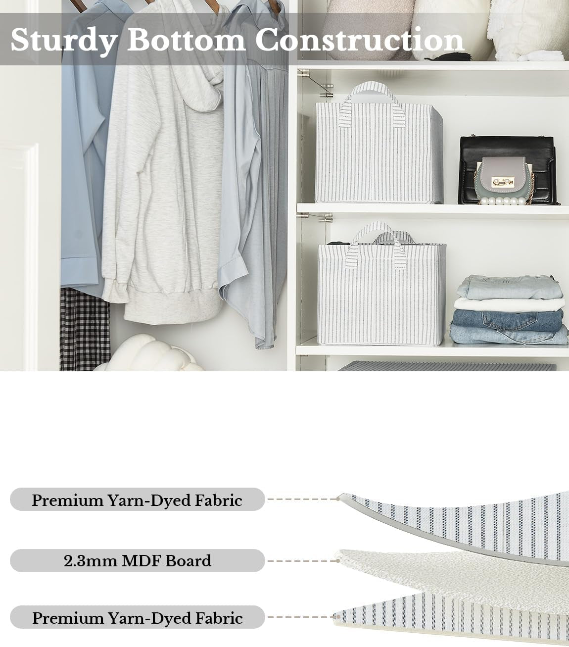 Storage Bins, Shelves Baskets for Organizing, Fabric Closet Organizers with Handles, Metal Frame, Gray and White Stripes, 2-Pack