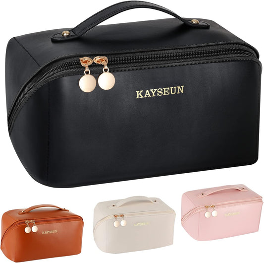 Upgrade Travel Makeup Bag,Large Capacity Cosmetic Bags for Women,Waterproof Portable Pouch Open Flat Toiletry Bag Make up Organizer with Divider and Handle -Black