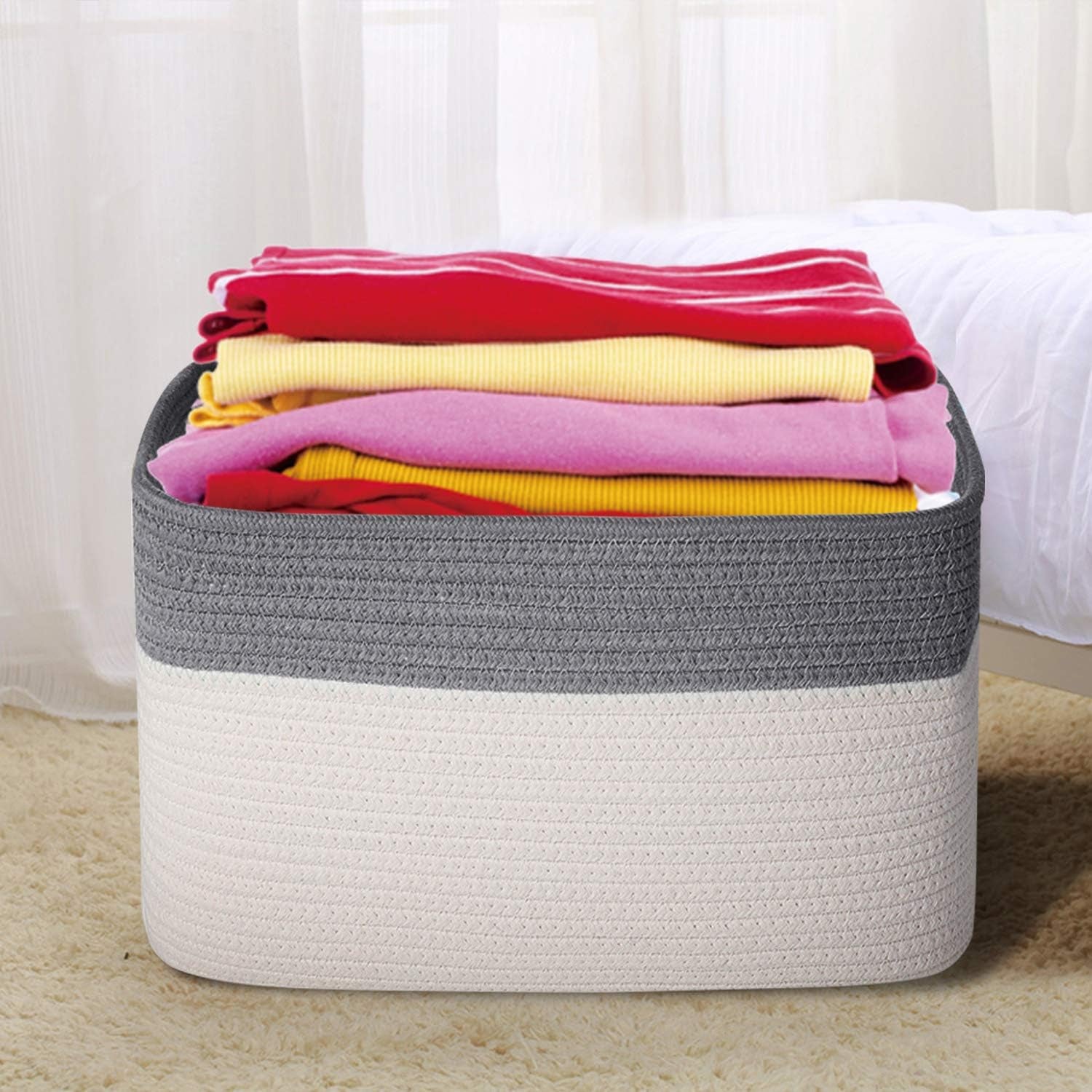 3PCS Woven Cotton Rope Storage Baskets with Handles Large Washable Basket Set Decorative Storage Bins Boxes Blanket Clothes Towel Laundry Organizer Containers - White/Gray
