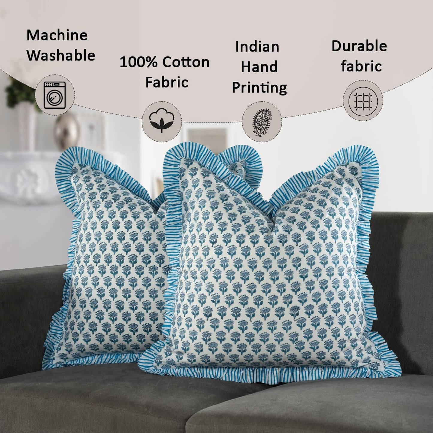 CPC Apatite Blue Ruffle Throw Pillow Covers for Couch, 20X20 Inch Cotton Stri...