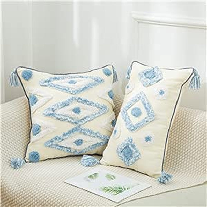 Tufted Lumbar Pillow Cover 12X20 Pillow Cover Tassels Textured Boho Pillows Decorative Throw Pillows Covers Bohemian Tribal Pillow Cases for Couch Bedroom Bed (White Cream Light Blue) -