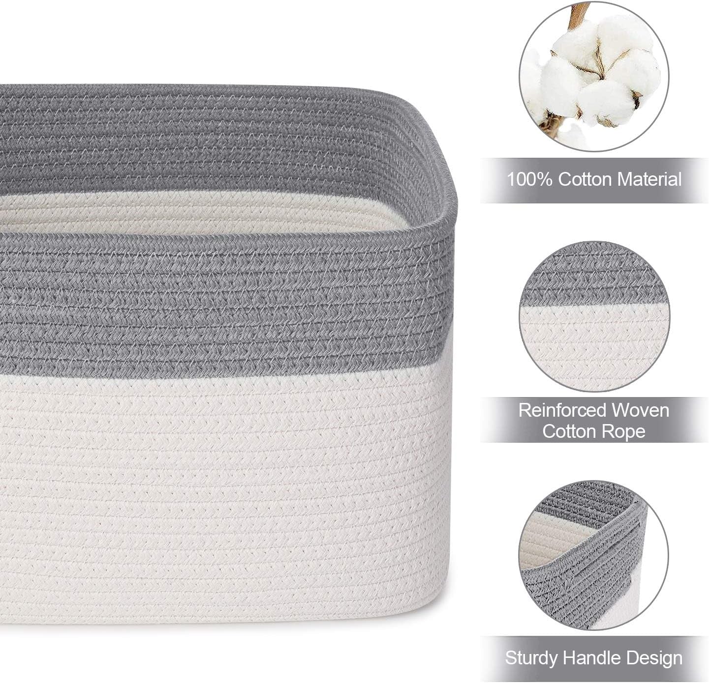 3PCS Woven Cotton Rope Storage Baskets with Handles Large Washable Basket Set Decorative Storage Bins Boxes Blanket Clothes Towel Laundry Organizer Containers - White/Gray