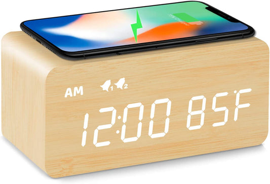 Digital Wooden Alarm Clock with Wireless Charging, 0-100% Dimmer, Dual Alarm, Weekday/Weekend Mode, Snooze, Wood LED Clocks for Bedroom, Bedside, Desk, Kids (Bamboo)