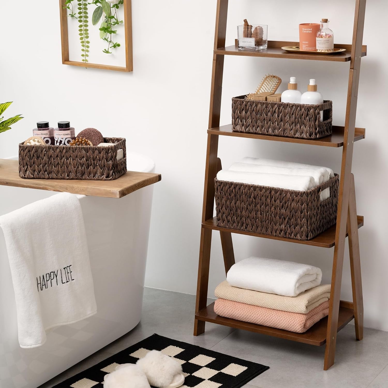 Storage Baskets for Shelves, Waterproof Basket Set for Organizing, Toilet Wicker Basket Tank Topper, Wicker Baskets with Handles, Dark Brown, 3-Pack