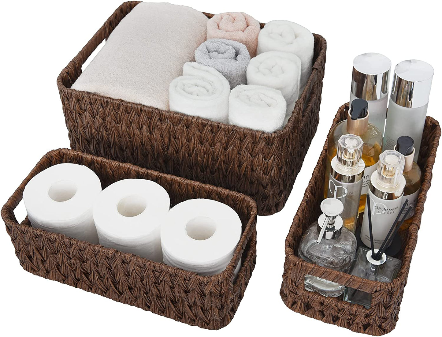 Storage Baskets for Shelves, Waterproof Basket Set for Organizing, Toilet Wicker Basket Tank Topper, Wicker Baskets with Handles, Dark Brown, 3-Pack
