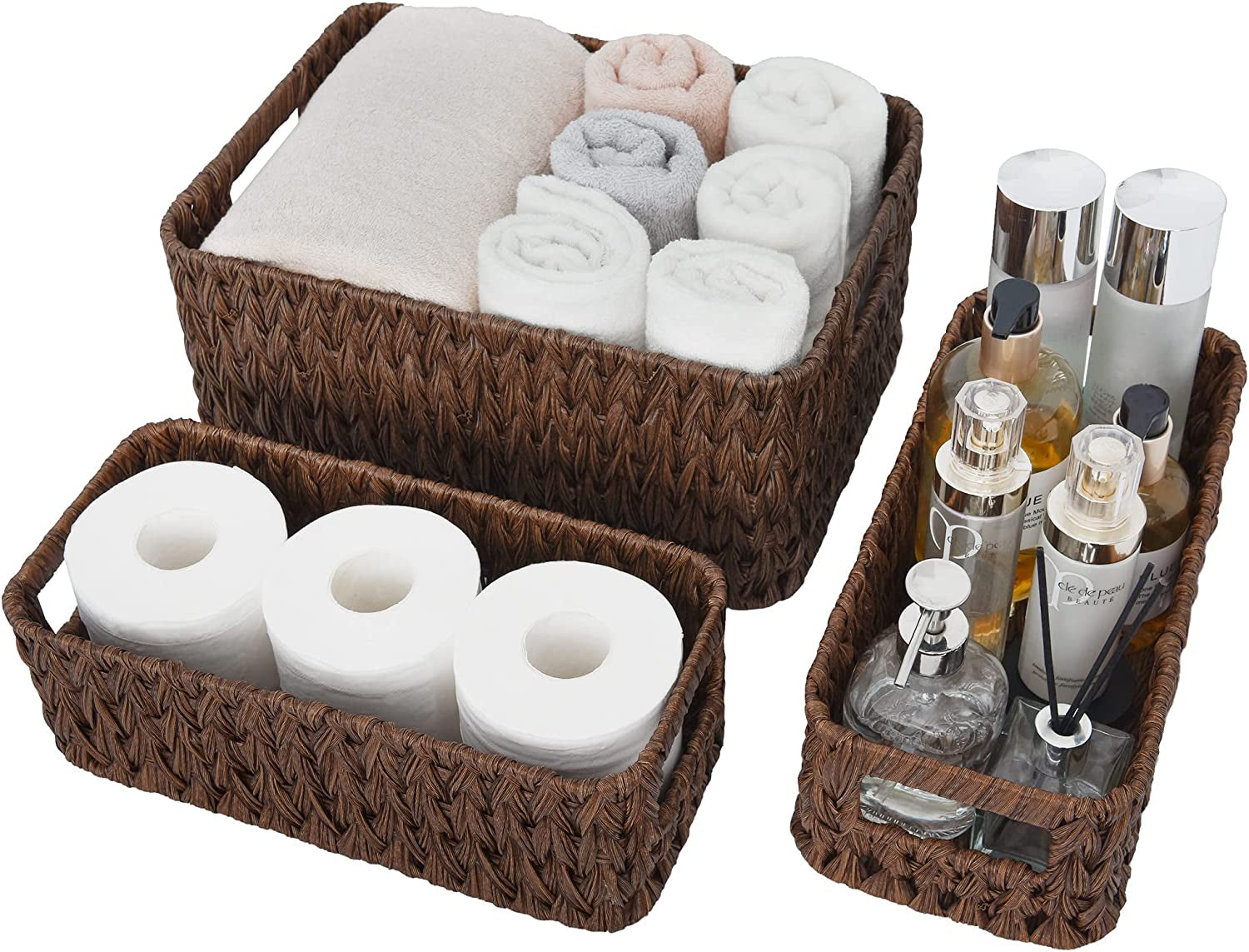Storage Baskets for Shelves, Waterproof Basket Set for Organizing, Toilet Wicker Basket Tank Topper, Wicker Baskets with Handles, Dark Brown, 3-Pack