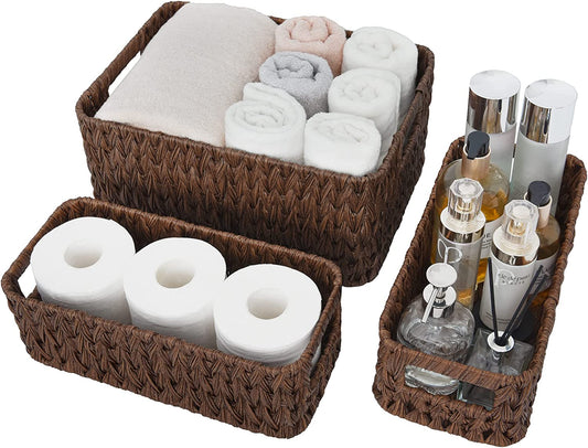 Storage Baskets for Shelves, Waterproof Basket Set for Organizing, Toilet Wicker Basket Tank Topper, Wicker Baskets with Handles, Dark Brown, 3-Pack