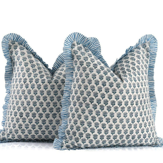 CPC Apatite Blue Ruffle Throw Pillow Covers for Couch, 20X20 Inch Cotton Stri...