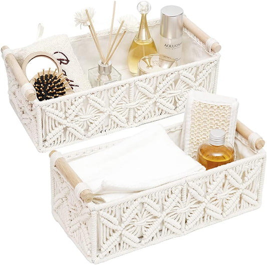 Macrame Storage Basket Boho Decor Baskets for Organizing Woven Decorative for Countertop Toilet Paper Basket for Tank Top for Home Decor Bedroom Nursery Livingroom Entryway (Set of 2)