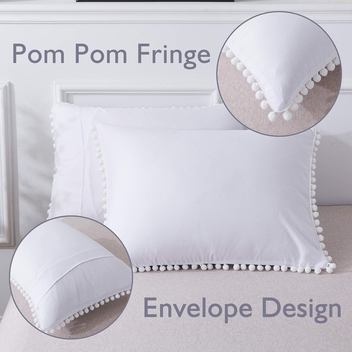 Pom Pom Fringe Duvet Cover Twin Size (66X90 Inch), 2 Pieces (1 Solid White Duvet Cover, 1 Pillowcase) Soft Washed Microfiber Duvet Cover Set with Zipper Closure, Corner Ties