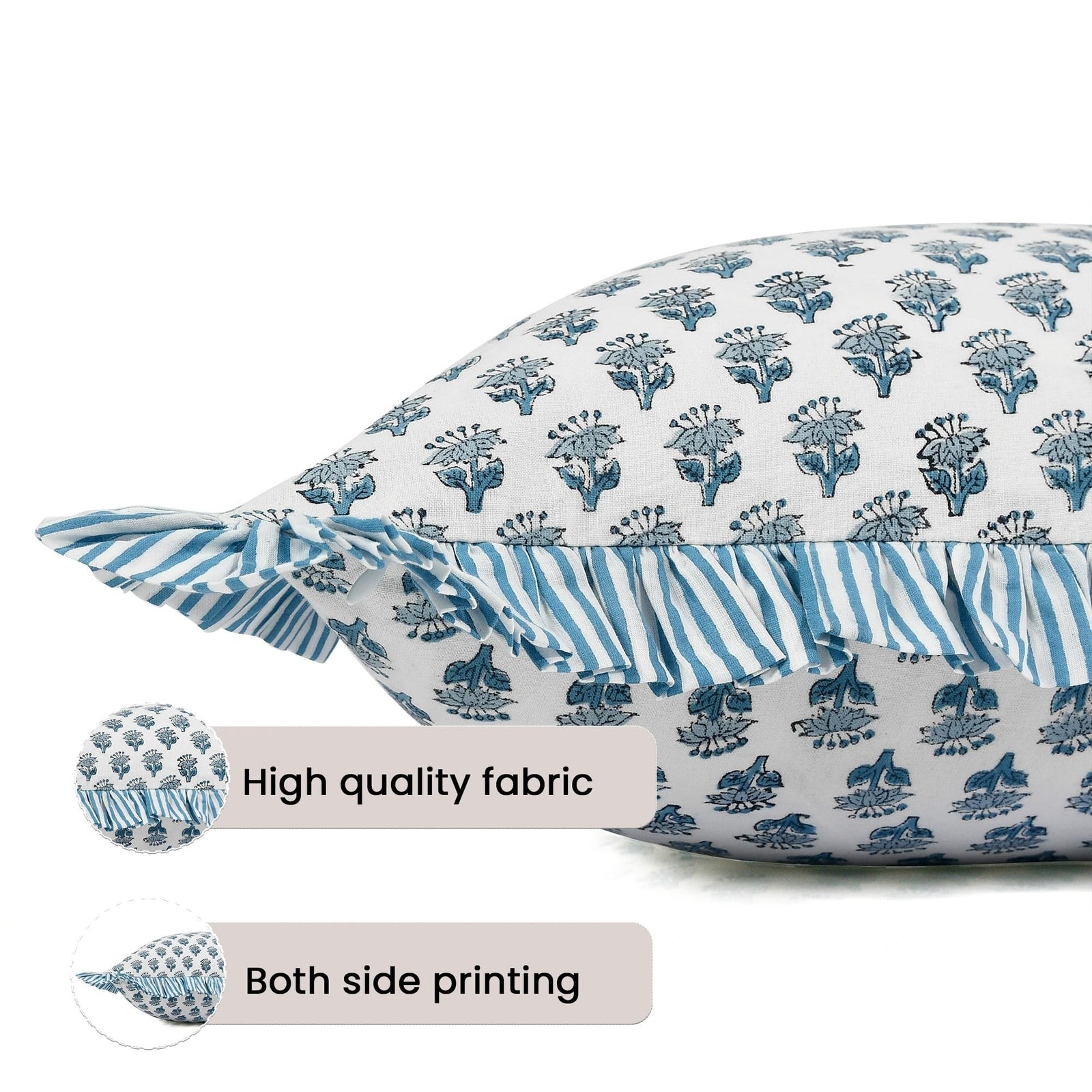 CPC Apatite Blue Ruffle Throw Pillow Covers for Couch, 20X20 Inch Cotton Stri...