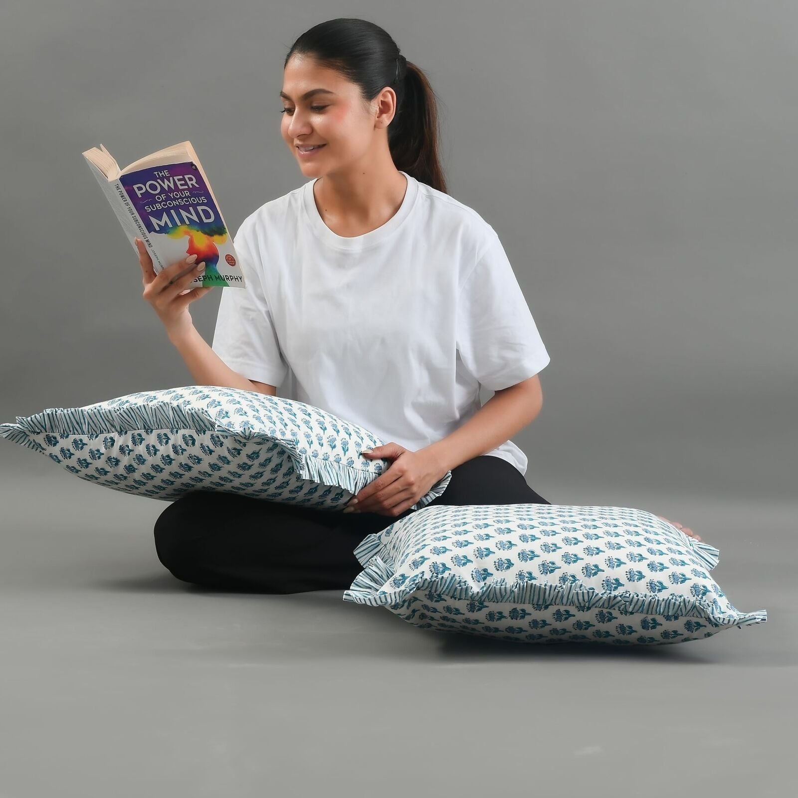 CPC Apatite Blue Ruffle Throw Pillow Covers for Couch, 20X20 Inch Cotton Stri...