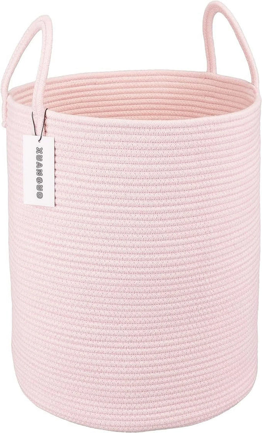 Laundry Basket Handles 16" X 20", Large Woven Blanket Basket for Organizing,Pink