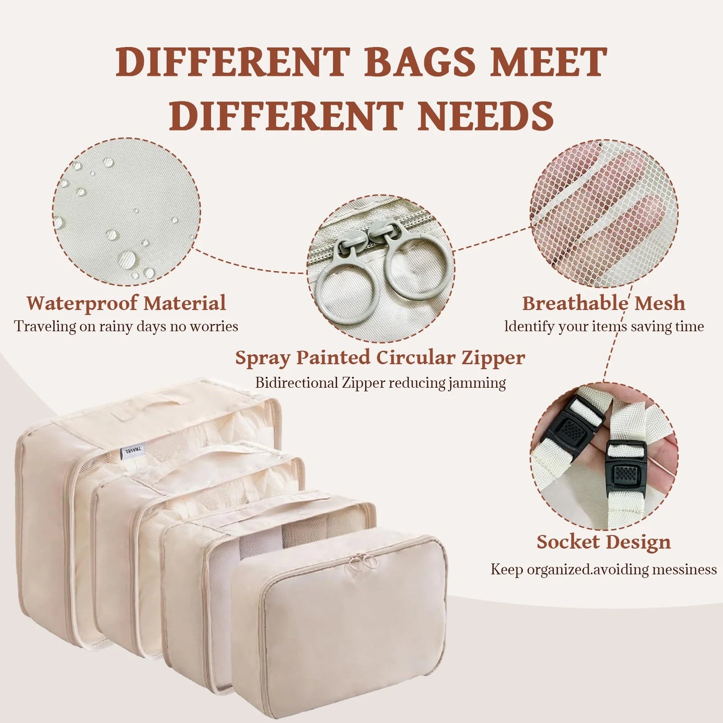 Packing Cubes - 9 PCS Travel Pouch Set, Compression Bags for Travel, Suitcase Essentials Organizer Bags Set, Beige