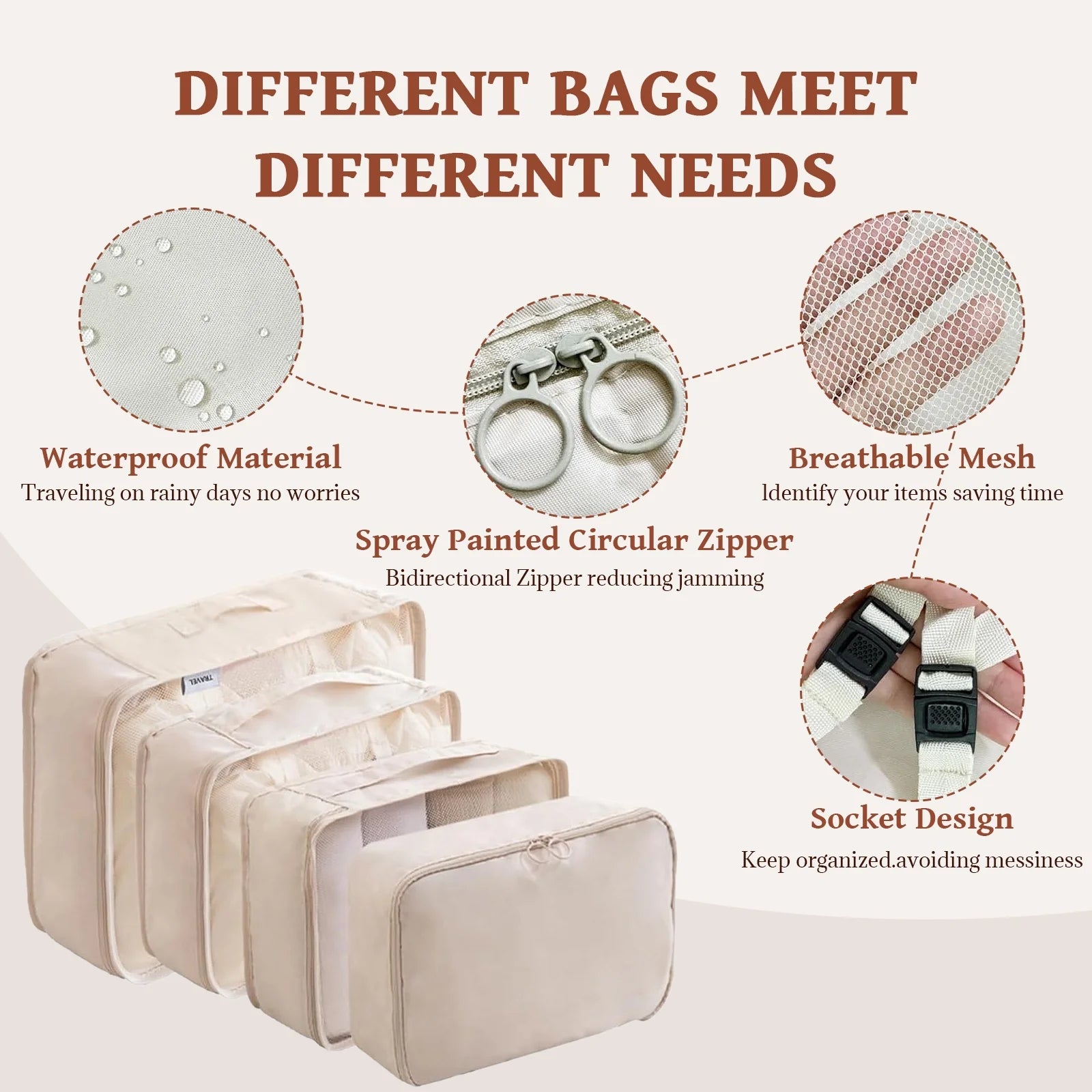 Packing Cubes - 9 PCS Travel Pouch Set, Compression Bags for Travel, Suitcase Essentials Organizer Bags Set, Beige