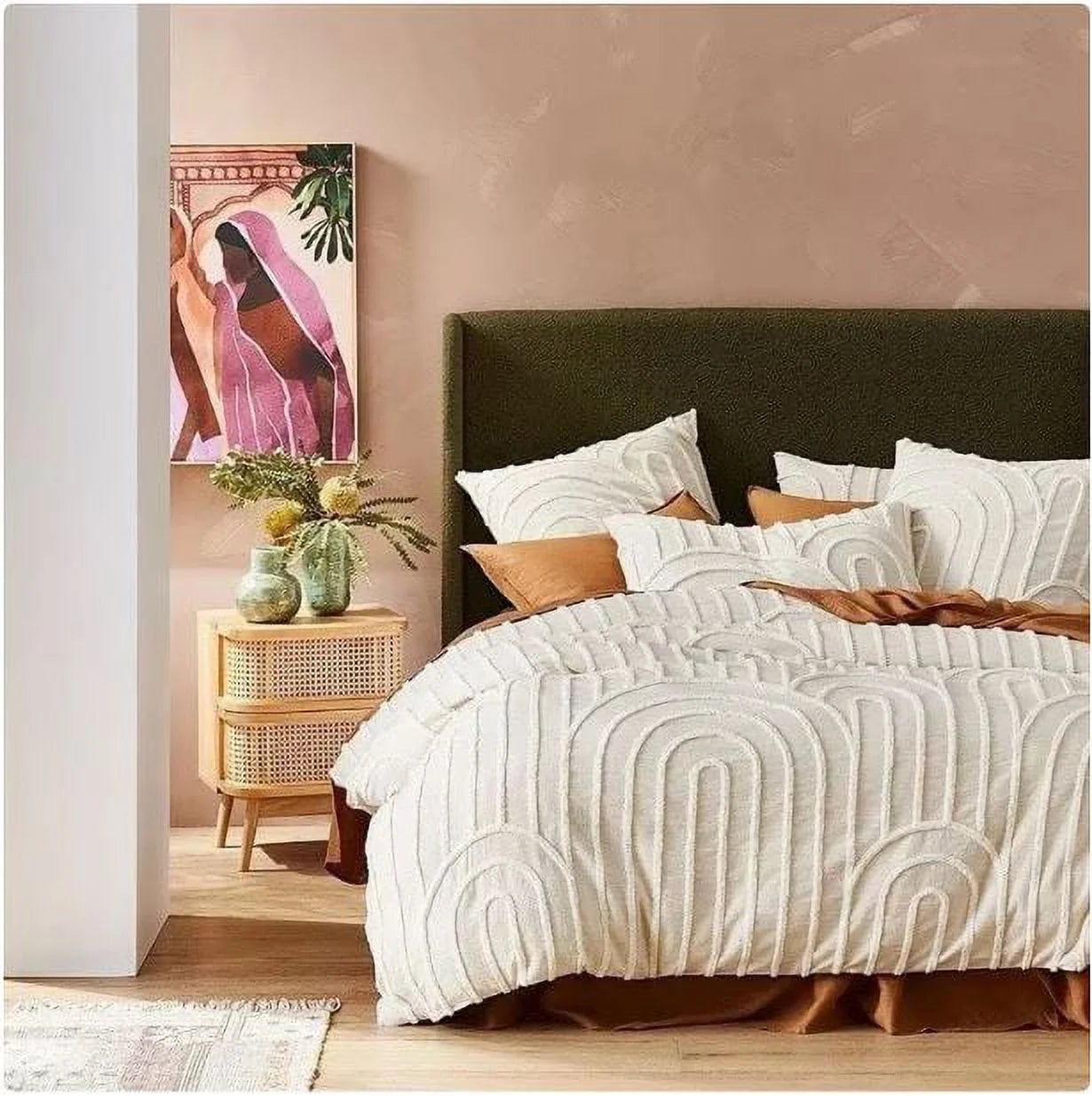 Tufted Cotton Duvet Cover Set, Boho Bedding Comforter Cover 1 Duvet Cover 2 Shams off White Color Zip Closure Queen Size 90" X 90"