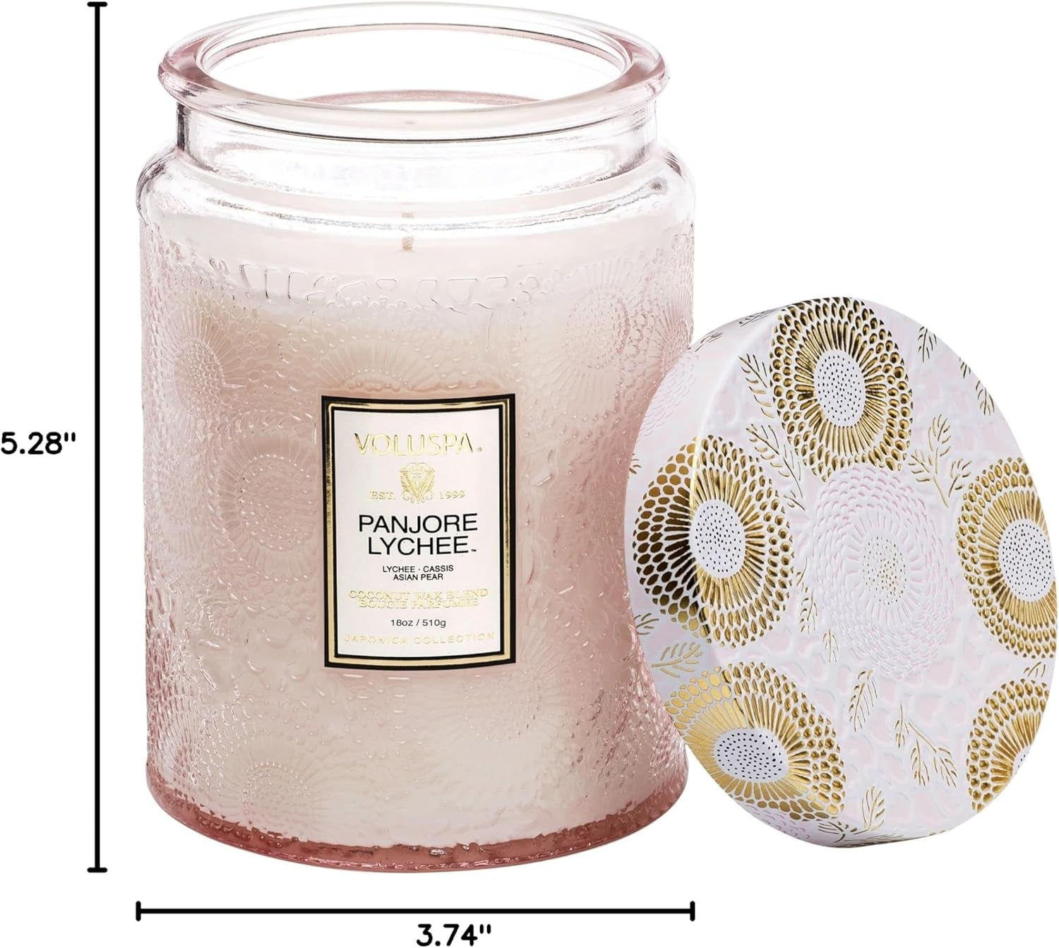 Panjore Lychee, Large Candle Jar, 18 Oz, 100 Hour Burn Time, Coconut Wax for Clean Burning, Handcrafted in the USA