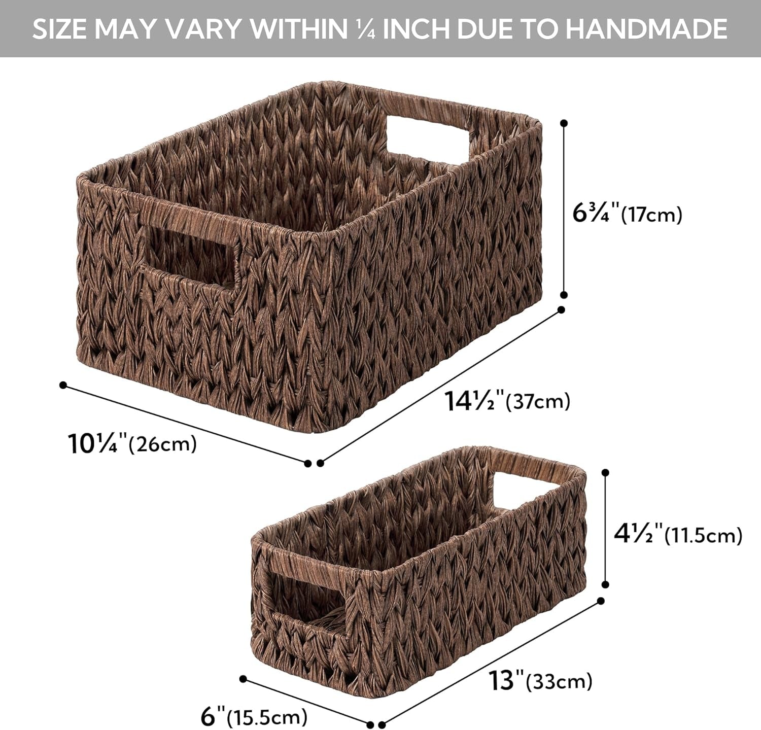 Storage Baskets for Shelves, Waterproof Basket Set for Organizing, Toilet Wicker Basket Tank Topper, Wicker Baskets with Handles, Dark Brown, 3-Pack