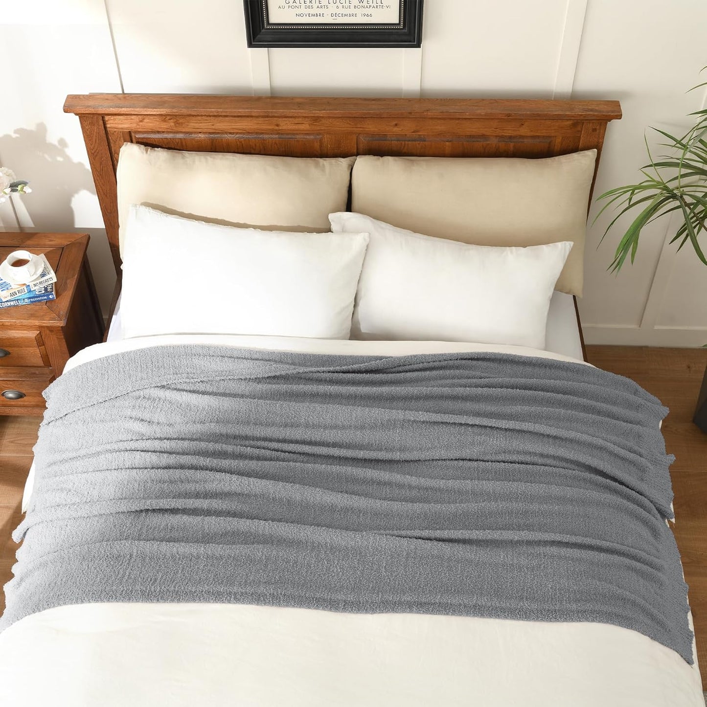 Grey Knit Throw Blanket Knitted Boucle Blankets Decorative Soft Fuzzy Throw Bed Blanket for Women Couch 50X60 Inches Grey