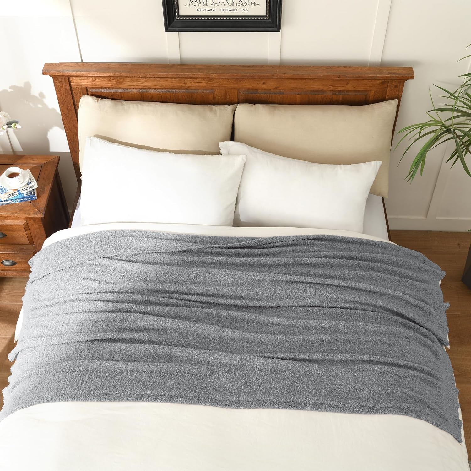 Grey Knit Throw Blanket Knitted Boucle Blankets Decorative Soft Fuzzy Throw Bed Blanket for Women Couch 50X60 Inches Grey