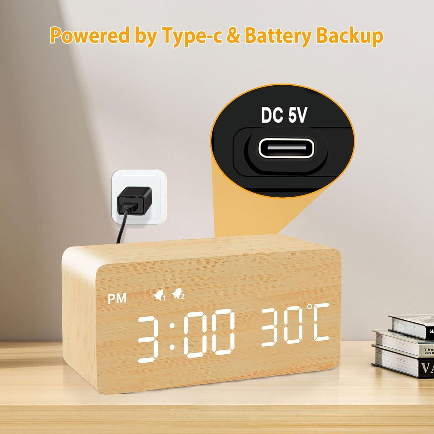 Digital Wooden Alarm Clock with Wireless Charging, 0-100% Dimmer, Dual Alarm, Weekday/Weekend Mode, Snooze, Wood LED Clocks for Bedroom, Bedside, Desk, Kids (Bamboo)