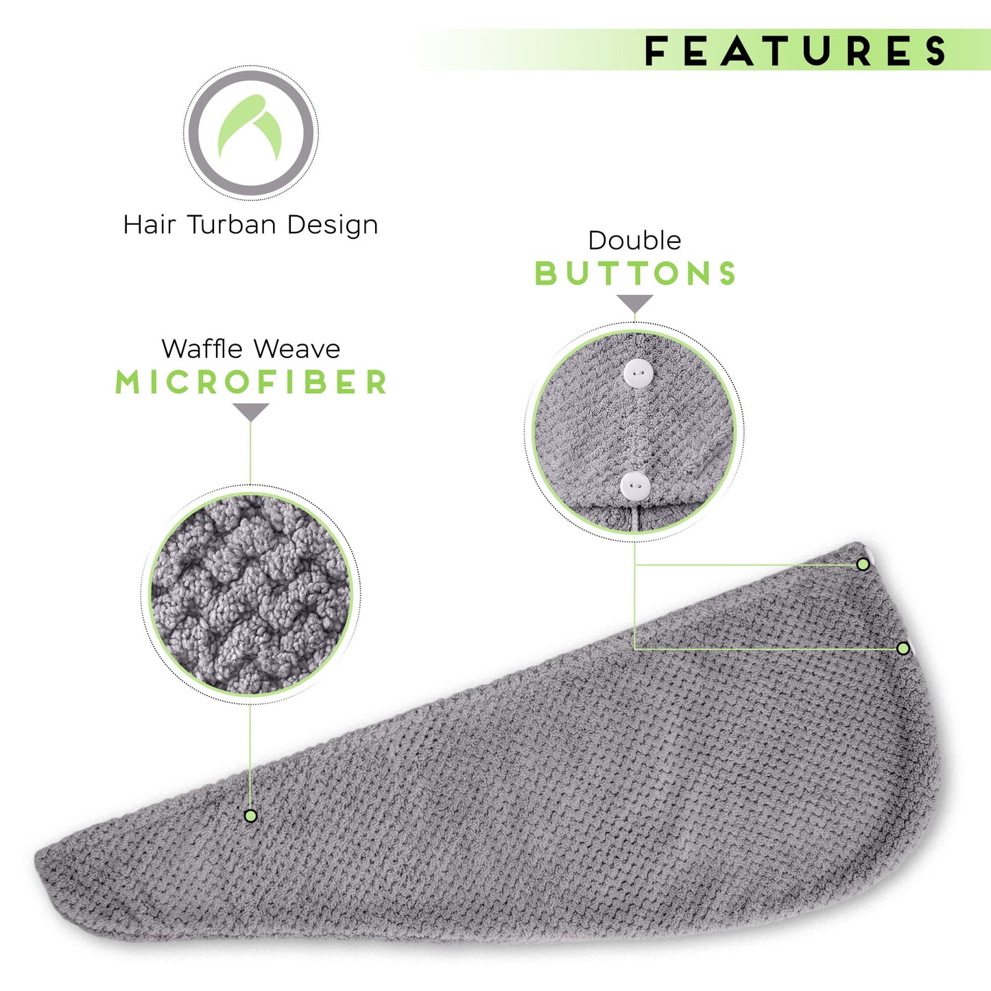 Microfiber Hair Towel for All Hair Style, 2 Pack Super-Absorbent & Quick Drying Hair Towels - Perfect for Women, Men and Kids (Gray)