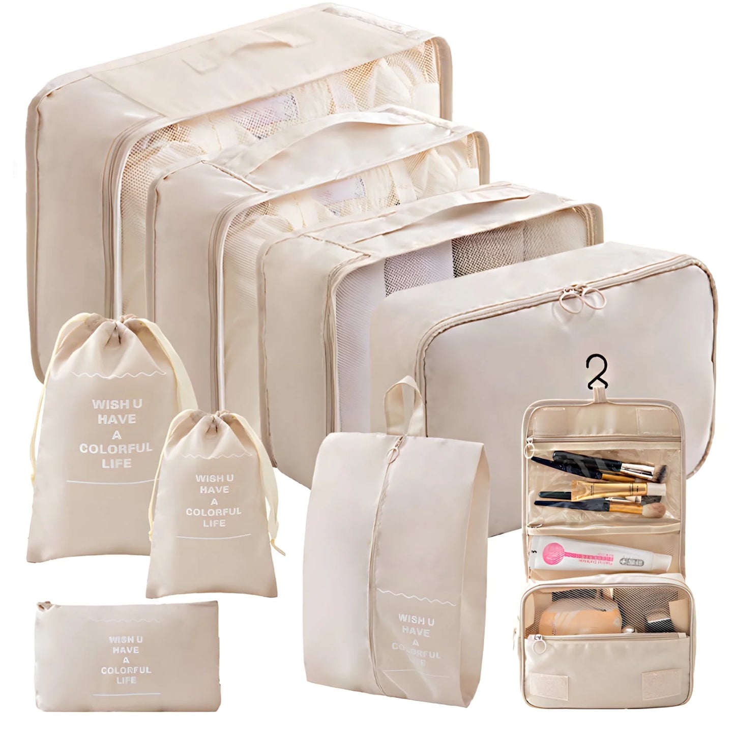 Packing Cubes - 9 PCS Travel Pouch Set, Compression Bags for Travel, Suitcase Essentials Organizer Bags Set, Beige