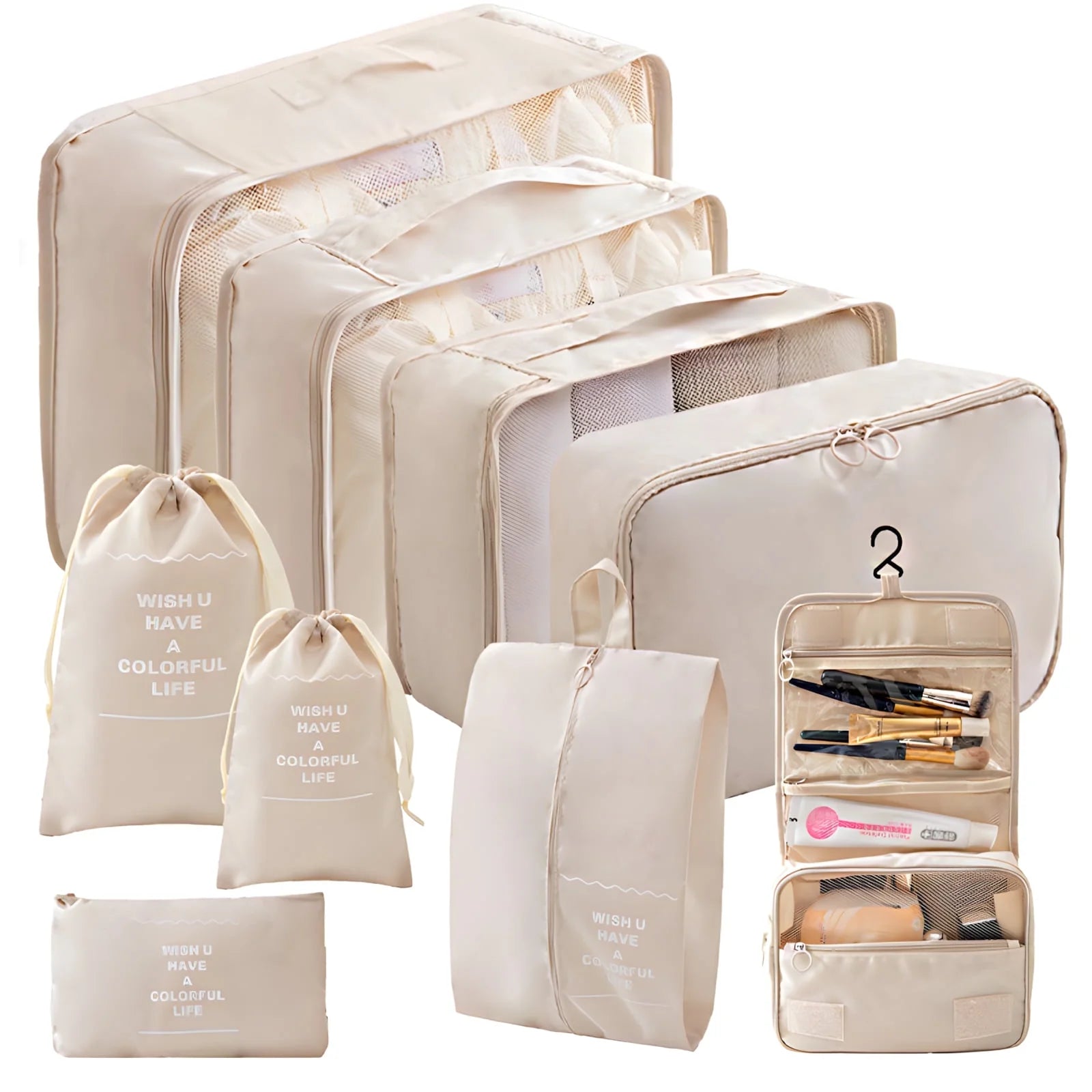 Packing Cubes - 9 PCS Travel Pouch Set, Compression Bags for Travel, Suitcase Essentials Organizer Bags Set, Beige